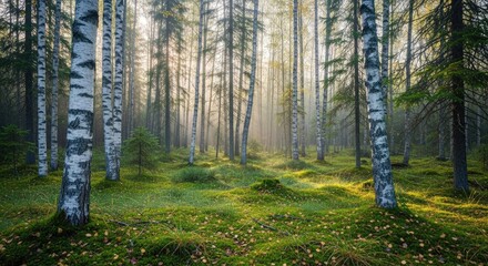 Fototapeta premium Ethereal birch forest bathed in soft golden sunlight filtering through the trees and a gentle mist, creating a peaceful and mystical woodland atmosphere.