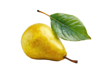 Two ripe pears, one slightly overlapping the other, set against a black background.  A vibrant green leaf rests beside the pears.  The pears are a pale yellow, showing a mottled texture.  