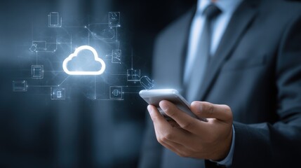 Cloud Data Connection: A poised professional in a sharp suit uses a smart phone to interact with a glowing digital cloud, symbolizing secure data accessibility and seamless connectivity