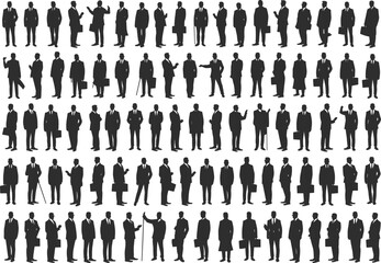 Large collection of business people silhouettes in various poses, professional attire, office standing positions, teamwork concept, flat vector