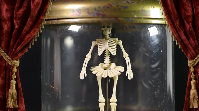 Skeleton in a tutu stands inside a glass jar with red velvet curtains, creating a whimsical and slightly macabre theatrical display.