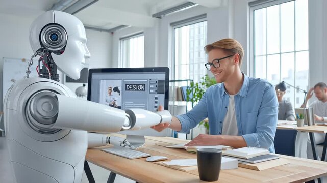 Young designer works alongside humanoid robot in modern office. Robot and human shake hands while design software displays on computer screen. Bright workspace with plants and colleagues