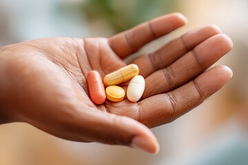 Hand holding various dietary supplements and vitamins for health and wellness