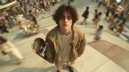 A man with a skateboard is standing in a busy city street. Concept of urban life and the hustle and bustle of a crowded city
