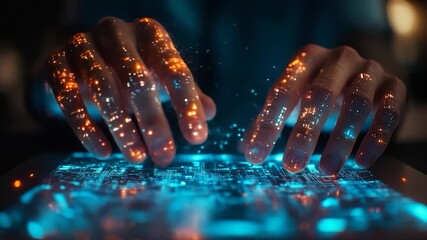 Hands typing glowing digital code. - Powered by Adobe