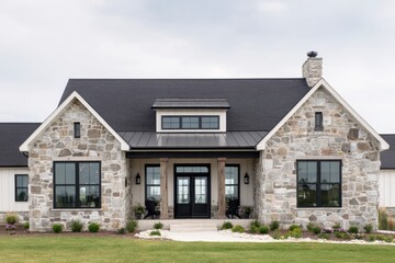 Modern stone house with large windows and landscaped entrance, showcasing a beautiful architectural design in a serene rural setting