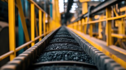 Industrial Conveyor Belt System: Close-Up of Coal Transportation