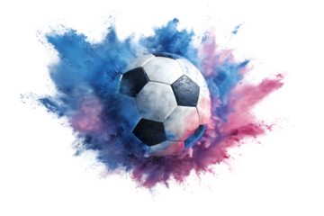 Soccer ball exploding with pink and blue powder isolated on transparent background