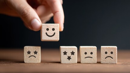 Positive Emotions on Display: A hand picks up a block depicting a smiling face. Beside it are other blocks expressing diverse negative emotions.