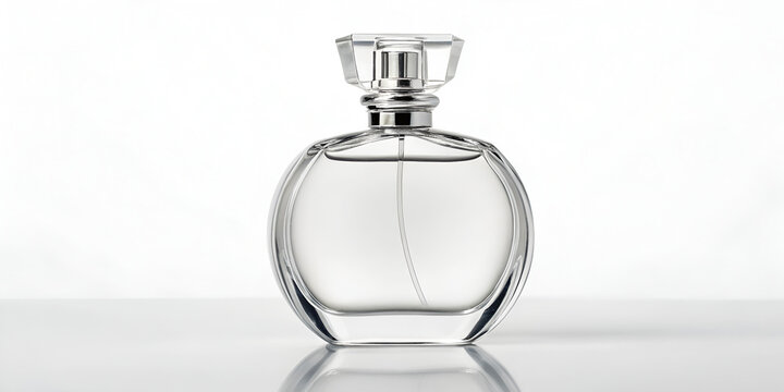 Simple perfume glass bottle isolated on clean white background for fragrance branding