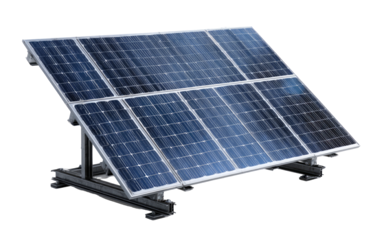 Tilted solar panel array on a metal stand.  Dark-blue solar panels arranged in rows, angled to capture sunlight.  Light-gray metal support structure
