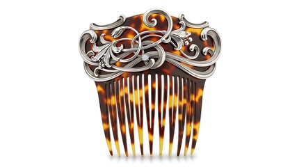 Ornate Tortoiseshell Hair Comb with Sterling Silver Filigree, Isolated on White