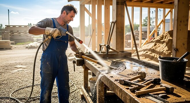 Man cleaning construction tools with water hose, outdoor workshop