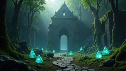 Medieval fantasy forest, mossy ancient ruins, glowing magical crystals, mystical atmosphere, dense trees, subtle fog, soft natural light, game environment concept art