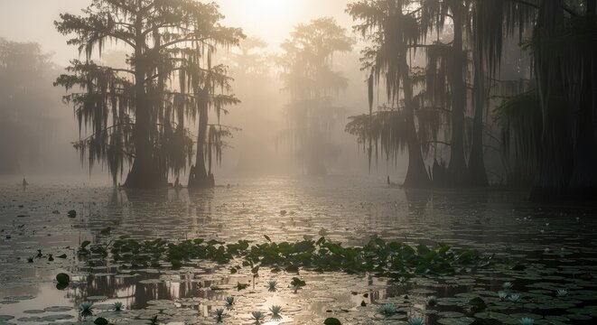 Atmospheric cypress trees with water lilies reflecting in a misty swamp at sunrise, conveying a mysterious and tranquil natural scene.