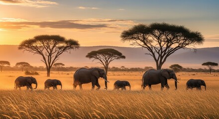 Fototapeta premium Family of elephants walking through tall golden grass with acacia trees in an African savanna at sunset, showcasing a serene and majestic wildlife scene.