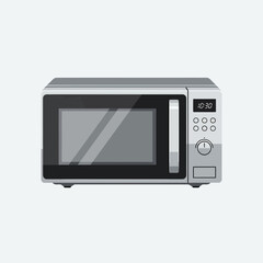 A silver microwave oven with a digital display and control panel.