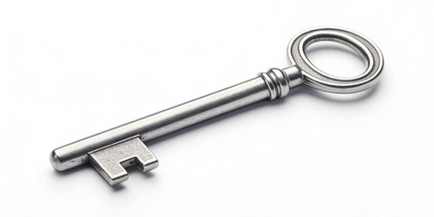 Silver key isolated on clean white background for lock and security object