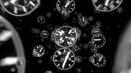Abstract animation of floating clocks in a dark space, time concept - Powered by Adobe