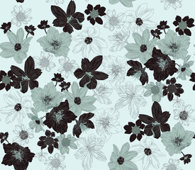  Flowers and leaves in vintage style, seamless pattern