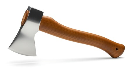 Robust metal axe with a polished wooden handle, essential cutting tool, isolated on white.