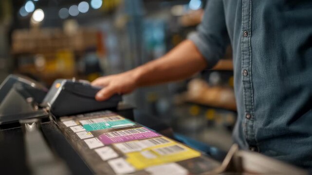 Medium shot showing a closeup of a mailorder worker scanning NFC sticker sheets for streaming link orders with a blurred printing machine and cassette labels in the background.