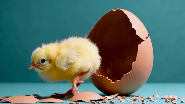 Fluffy yellow chick emerging from cracked brown egg against teal background. Eggshell fragments scattered on surface. Studio shot with precise lighting highlighting hatching process.