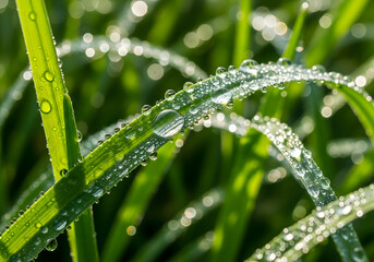 Naklejka premium Closeup of Dew Drops on Green Grass with Sunlight Reflections