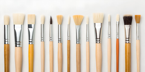 Fototapeta premium Flat lay of craft paintbrushes isolated on clean white background for art supplies