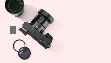 Naklejka premium Flat lay of digital photographic equipment isolated on pink background. Photography concept