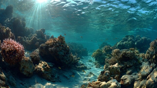 Vibrant coral reef teeming with marine life under sunlight in a tropical ocean