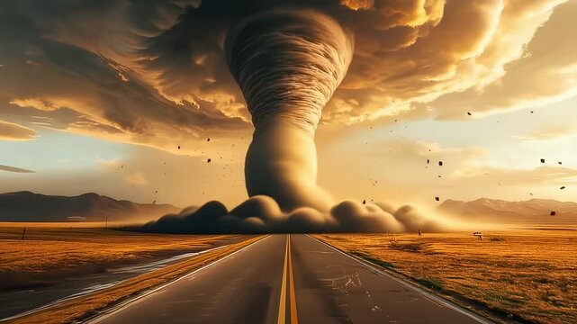 Dramatic tornado forming over a desolate highway at sunset