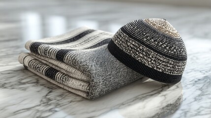 Stylish handcrafted hat and scarf set arranged on a polished marble surface in soft natural light