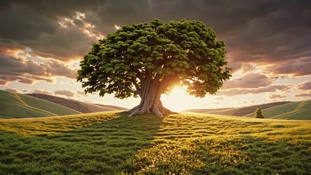 Large, ancient tree with wide canopy standing in center of green rolling hills during sunset. Dramatic cloudy sky with golden sunlight streaming through tree branches. Lush meadow with small flowers
