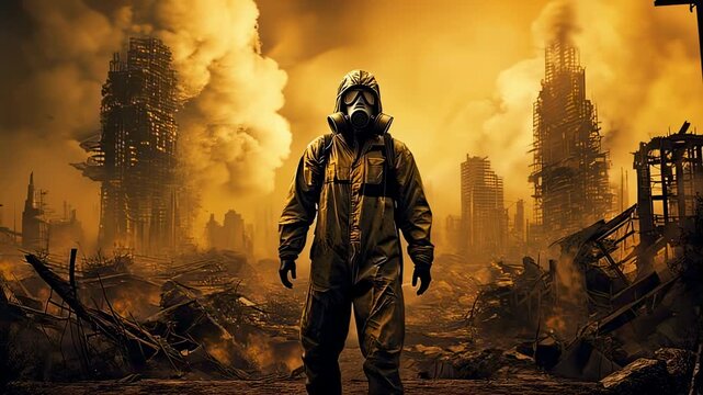 Man in Hazmat Suit Standing in Post-Apocalyptic City Ruins