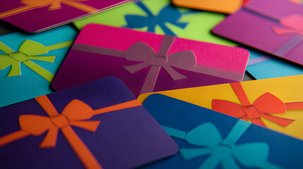 Colorful pile ribbon bow decorated holiday gift cards design concept background