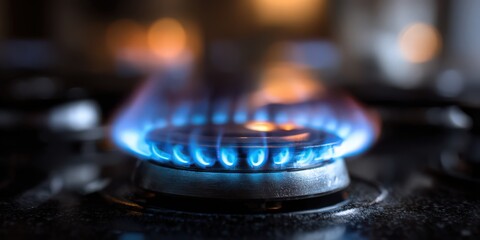 Blue Flame of Energy: A close-up shot captures the mesmerizing blue flame dancing above the burner of a stove, a symbol of heat, fuel, and the power of controlled energy.