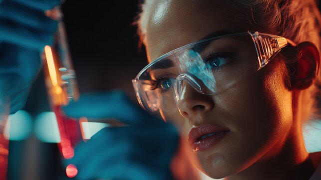 A scientist carefully observes reactions in test tubes filled with vibrant liquids in a laboratory