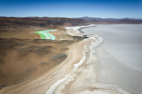 Lithium mining operations at Salar del Hombre Muerto, Catamarca, Argentina, showing evaporation ponds and industrial infrastructure in a high altitude salt flat central to the global energy transition