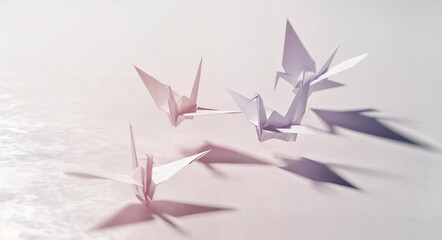 floating origami paper birds casting soft shadows minimalist background
