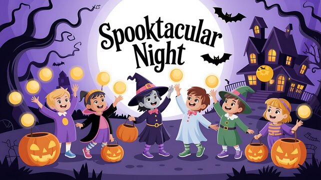 Children in costumes at a spooky Halloween night event