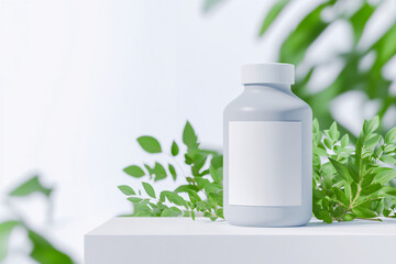 White bottle with blank label on a white platform with greenery in the background