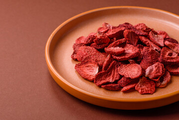 Dried sublimated slices of strawberry as an ingredient for sweet desserts. Dried strawberry