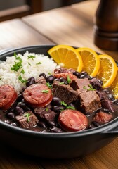 Delicious brazilian feijoada with rice and orange slices on wooden table