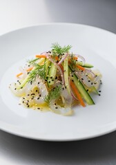 Fresh vegetable salad with sesame and dill garnish on white plate