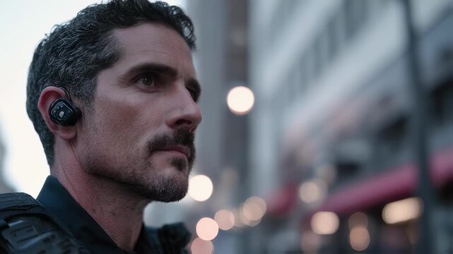 Patrol officer in medium shot wearing a modern translation earpiece that is clearly in focus capturing realtime dialect detection while the surrounding street scene remains softly
