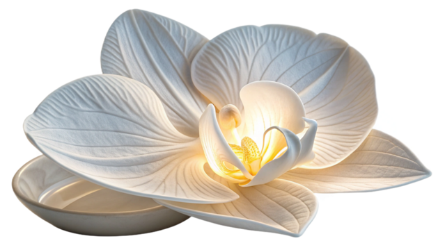 A close up of a white orchid flower with a yellow center and a white ceramic bowl underneath it