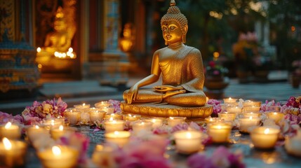 Golden buddha statue surrounded by candles and flowers in peaceful temple setting. White Lotus Day