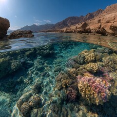 Vibrant coral reef ecosystem near rocky coastline in clear blue waters during sunny day