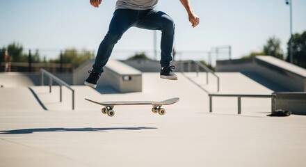 Skater in Mid-Air at Skatepark: Young Person Performing Trick on Skateboard with Bright Sky Background on a Sunny Day